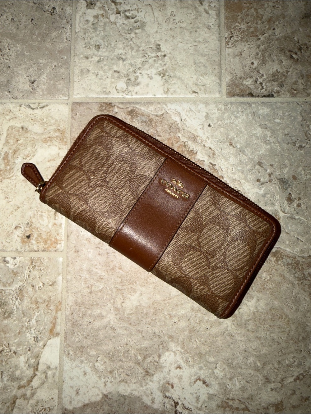 Coach Signature Zip-Around Wallet in Brown with Leather Trim